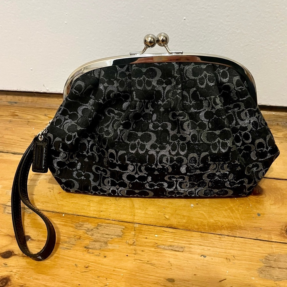 Coach Wristlet - Black and Silver Shimmer Logo Print